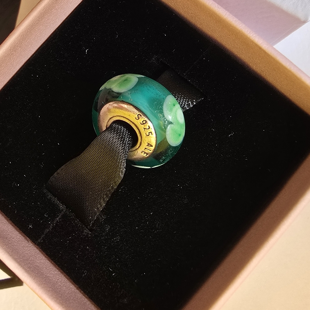 Retired Pandora Green MURANO Glass Bead With Yellow Hued Details In Box.